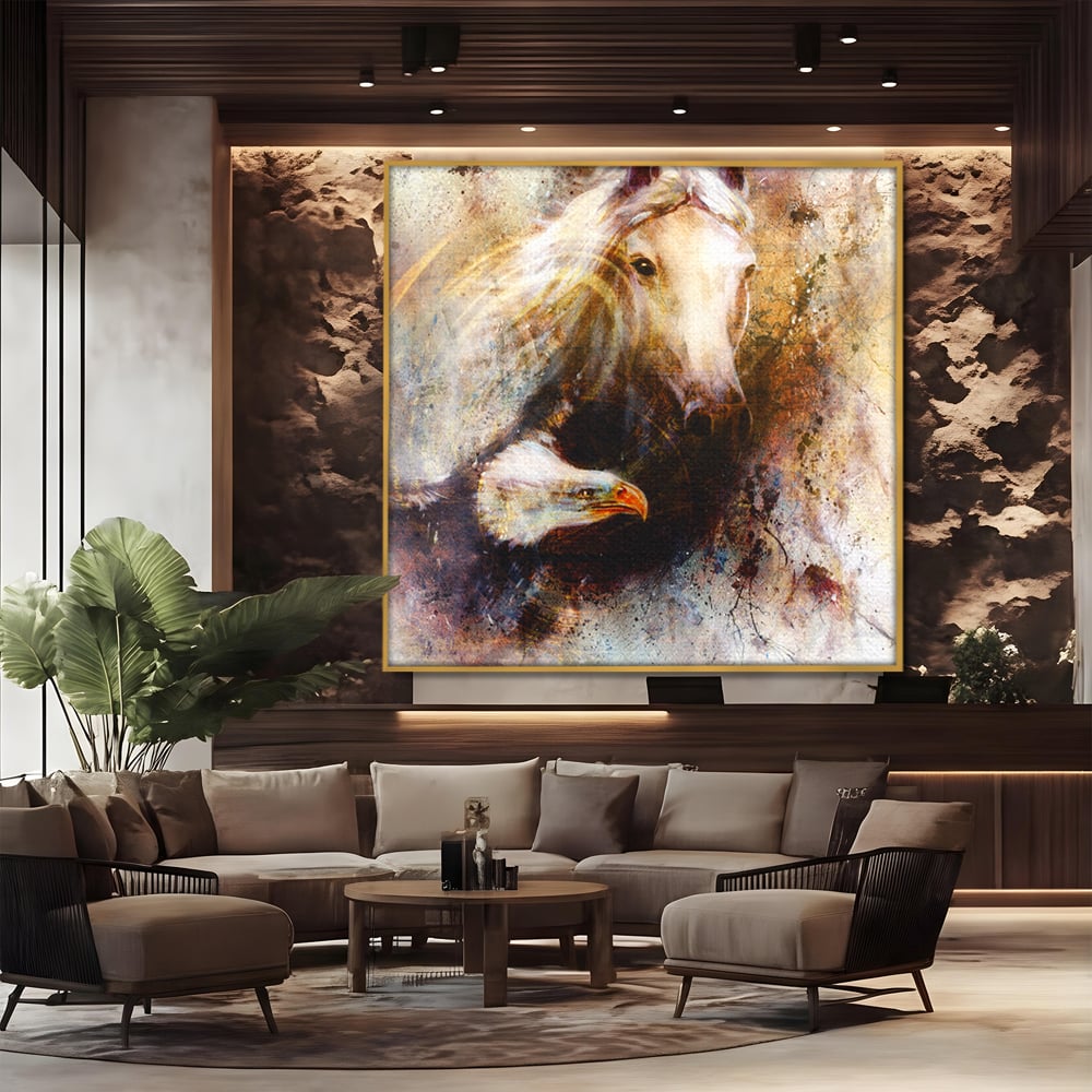 Tablou canvas cu tablou pictura cu cal si vultur, in rama de aluminiu auriu, pe perete intr-un birou